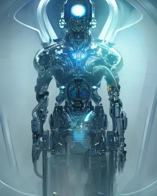 Image similar to benevolent cyborg necromancer, scifi, futuristic, helpful, kind, intelligent, alien room background, white, blue, gold, highly detailed, trending on artstation, soft light, holy machine, advanced technology, art by vitaly bulgarov and nivanh chanthara and lance wilkinson