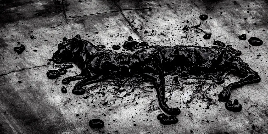 Prompt: the lioness made of tar, reforming from a puddle of tar, viscous, sticky, full of black goo, covered with black goo, splattered black goo, dripping black goo, dripping goo, splattered goo, sticky black goo. photography, dslr, reflections, black goo, zoo, exhibit