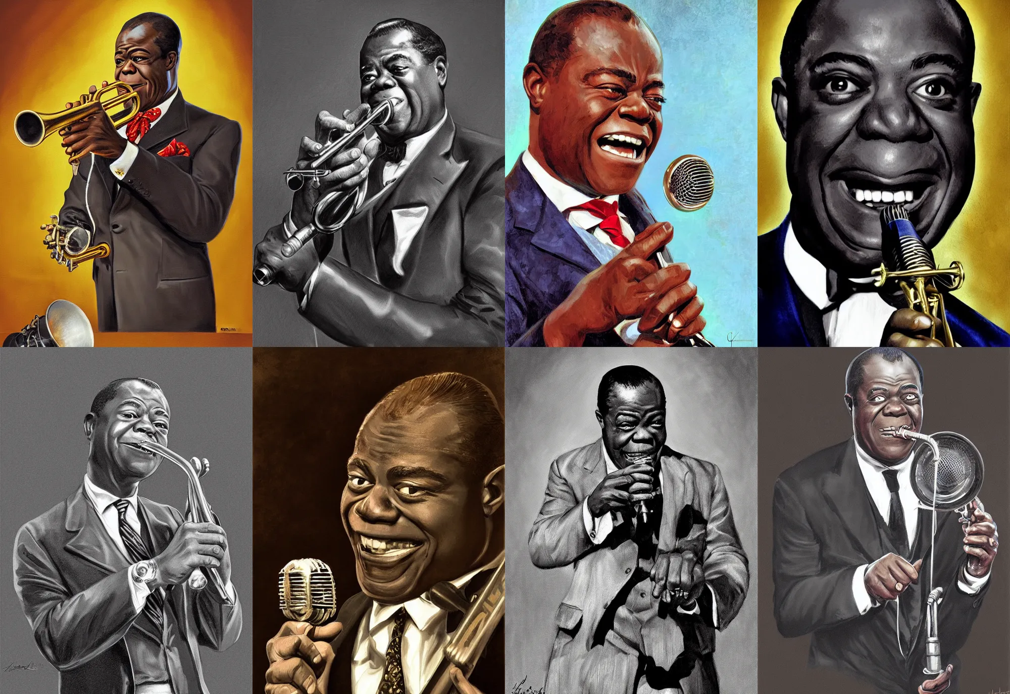 Prompt: a portrait of louis armstrong holding a microphone, by joseph christian leyendecker, dramatic lighting, highly detailed digital painting