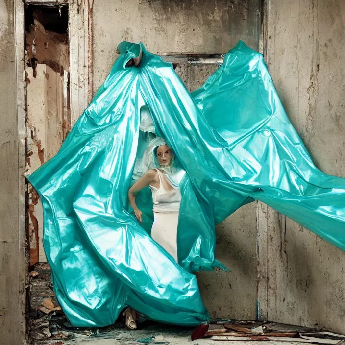 Prompt: closeup portrait of a woman wrapped in teal cellophane, standing in a derelict building interior, color photograph, by juergen teller, canon eos c 3 0 0, ƒ 1. 8, 3 5 mm, 8 k, medium - format print