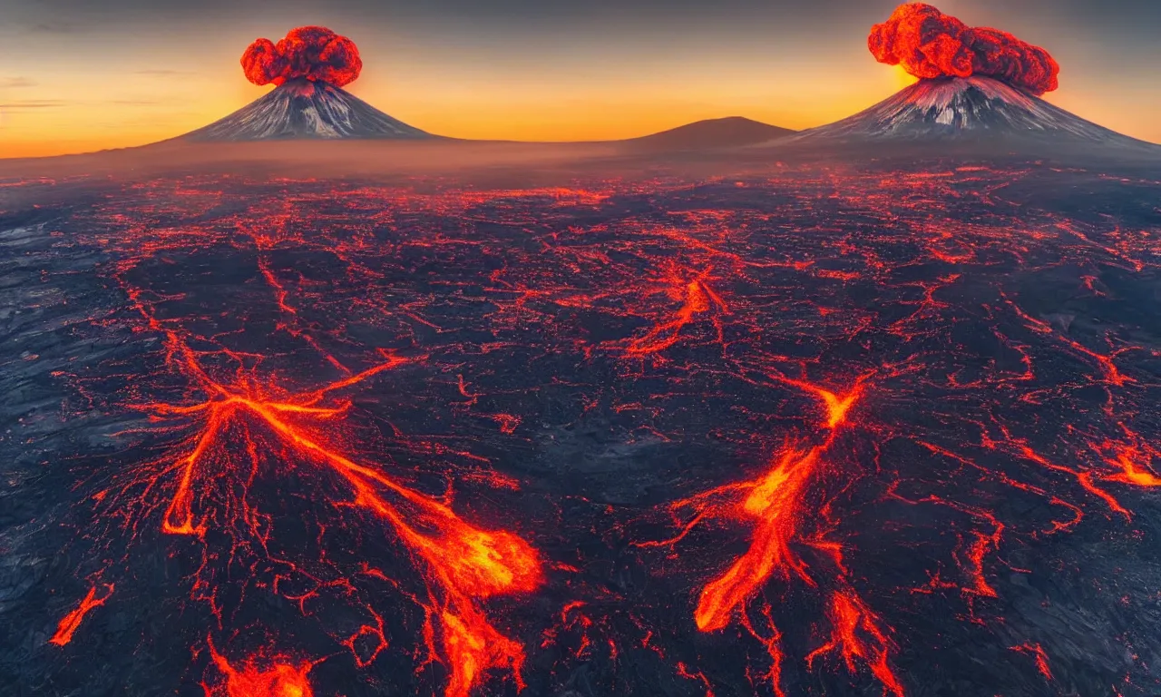 Prompt: an aerial view of an erupting volcano, sunset, no clouds, snowy mountain, lava going down the mountain, a near big city, intense black smoke, dramatic style, hyper realistic professional photo