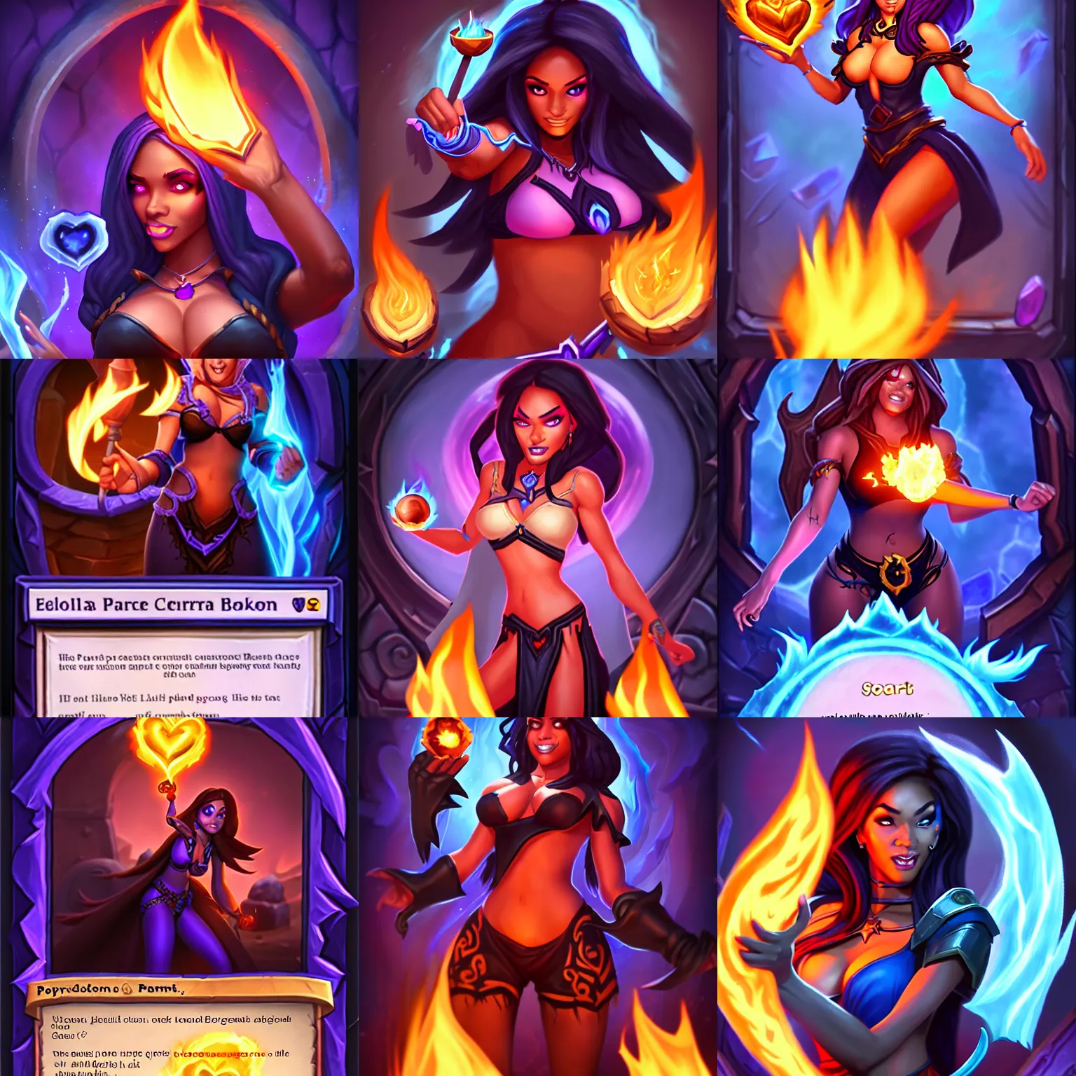 Prompt: Who : a sorceress with black clothed casting a fire ball; Physical : Ella Knox & Beverly Paige body ; IMPORTANT : Hearthstone official splash art, Heartstone original art style, award winning