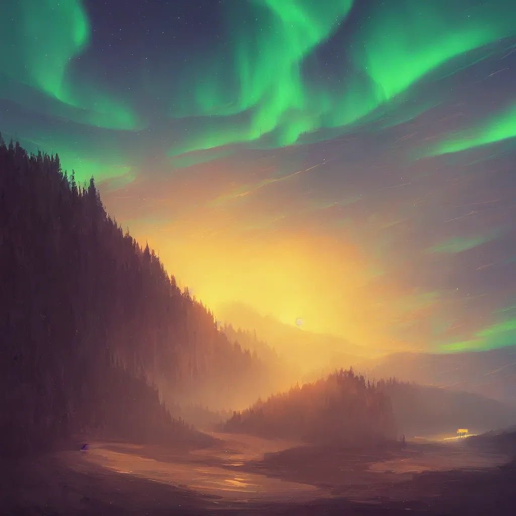 Image similar to aurora lights, Alena Aenami, Artstation