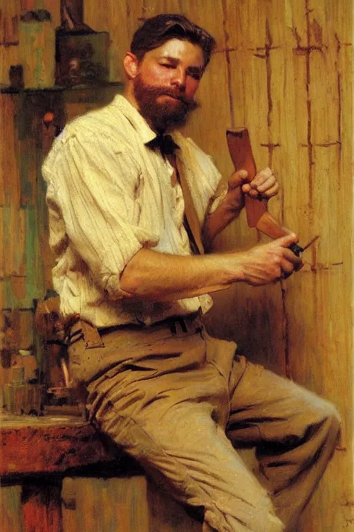 Image similar to gorgeous male whittling a wooden figure, alsace, painting by gaston bussiere, craig mullins, j. c. leyendecker