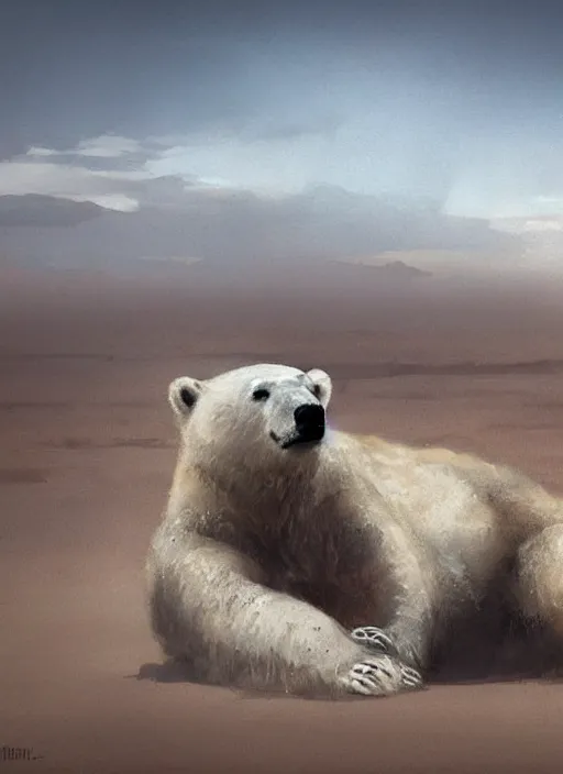 Prompt: dying polar bear on a desert, by greg rutkowski, trending on artstation, masterpiece