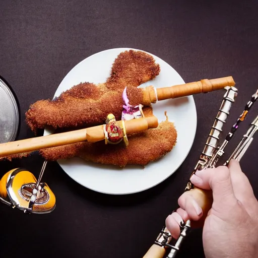 Image similar to photo of a schnitzel holding a flute and drumming with it, drum set, night club, spot light, 50mm, beautiful photo