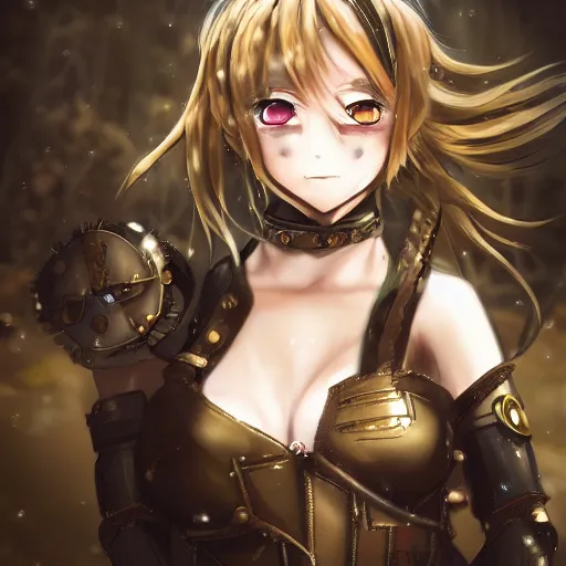 Image similar to anime girl wearing steampunk armor, anime, aesthetic, finely detailed, cinematic lighting, portrait, lush,