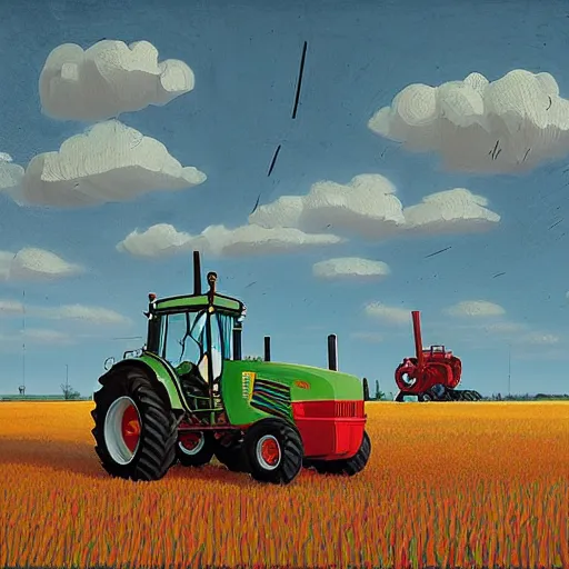 Prompt: farm tractors revolution, machine revolution, art by simon stalenhag