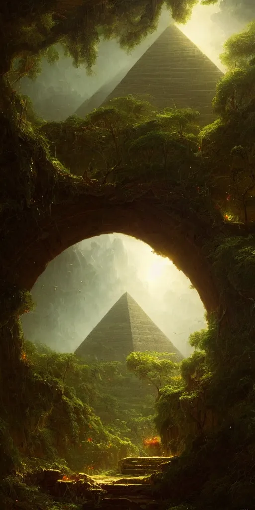 Prompt: ancient pyramid, overgrown undergrowth vegitation, dark volumentric ambient lighting, painting by thomas cole and greg rutkowski