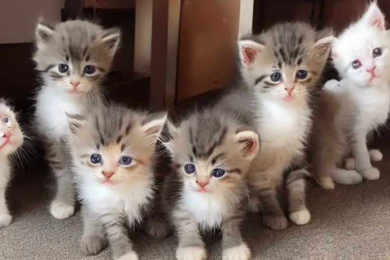 Image similar to exactly five kittens in a room and the kittens are looking directly into the focal point of the camera