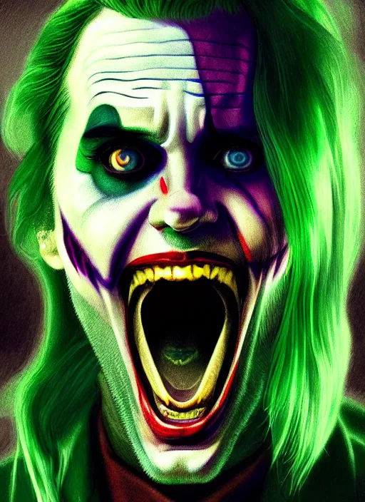 Image similar to portrait of jared leto as the joker, green hair, intricate, elegant, glowing lights, highly detailed, digital painting, artstation, concept art, sharp focus, illustration, art by wlop, mars ravelo and greg rutkowski