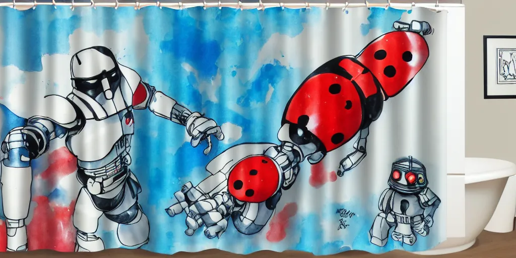 Prompt: shower curtain product catalog. wide - angle photo. on the curtain is a low - angle hero - shot watercolor of a ladybug robot. the robot has an epic fight with darth vader ( obi - wan kenobi ). the water color has ink under drawing. highly coherent, product photography of a shower curtain, product lighting. 4 k, highly detailed. saturated.