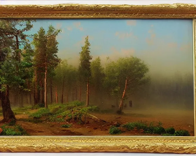 Image similar to beautiful matte painting of cute soviet block of flats hrushevka in end of forest by ivan shishkin and aivazovsky