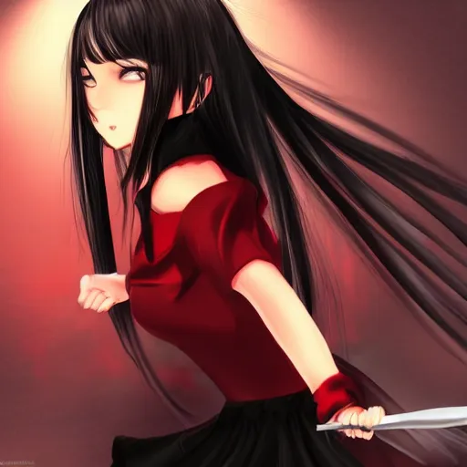 Image similar to a girl with black hair wearing a red dress, she is holding a knife, anime art, smooth, scary atmosphere, hd