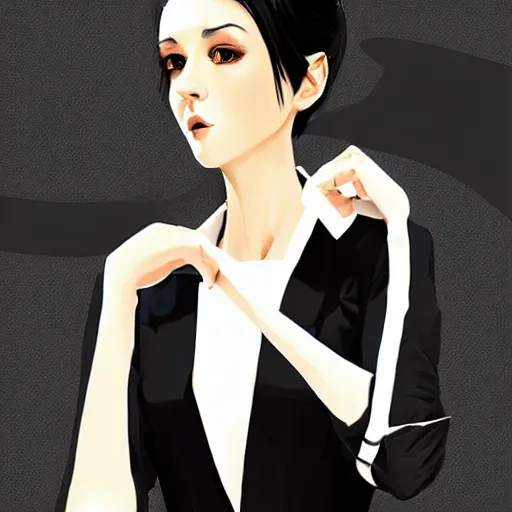 Image similar to slim girl in tuxedo with short black hair, elegant, 2d, ultra highly detailed, digital painting, smooth, sharp focus, artstation, portrait art by Ilya Kuvshinov