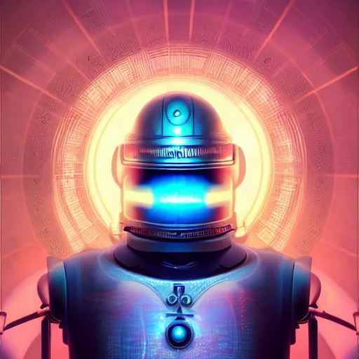 Image similar to ultradetailed ornate retro-future illustration of a robot radiating glowing aura, digital airbrush painting, 3d rim light, hyperrealistic masterpiece, artstation, cgsociety, golden ratio