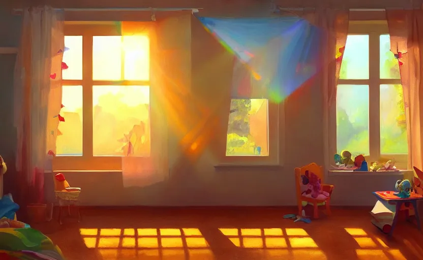 Image similar to happy morning and the rays of the morning sun shining through the window of kid's room in the village house clear sky, warm colors, coherent shadows, one point lighting, happy mood, oil painting, high detail, trending on artstation