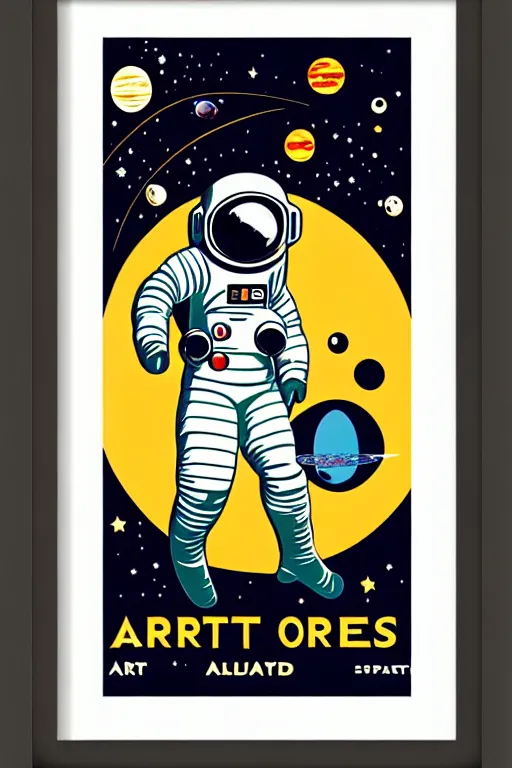 Image similar to art nouveau art deco travel poster. astronaut lady with a raygun in outer space, alien planets, framed poster