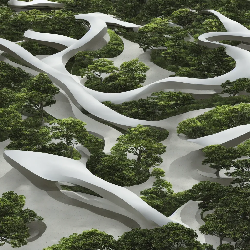 Image similar to “ an incredibly smooth curvilinear architectural sculpture, unfolding continuous golden surfaces enclose a visually interesting japanese zen garden designed by zaha hadid, architecture render ”