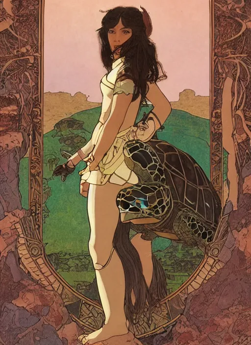 Image similar to a little warrior girl standing on top of one giant turtle walking in the desert. the girl has dark skin and beautiful green eyes, realistic full body and a very beautiful detailed symmetrical face with long black hair. diffuse light, dramatic sky and landscape, long shot fantasy illustration by mucha