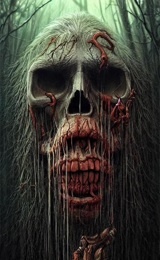 Image similar to bigfoot death tarot card, highly detailed, half skull face, cinematic, 8 k, by stanley artgermm, tom bagshaw, greg rutkowski, carne griffiths, ayami kojima, beksinski, giger, trending on deviantart, hyper detailed, horror, full of colour