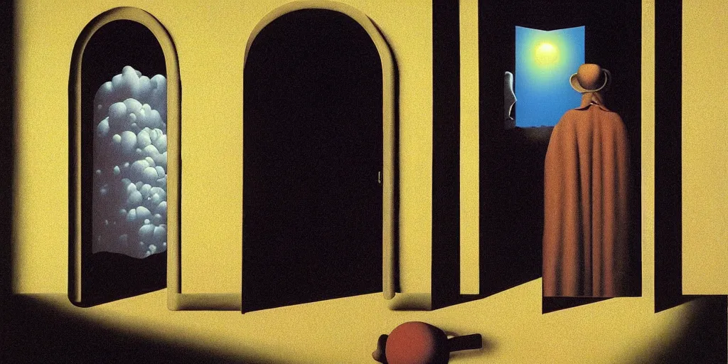Prompt: A door that opens to another dimension by Richard Corben, by by René Magritte, surrealism, gothic, baroque