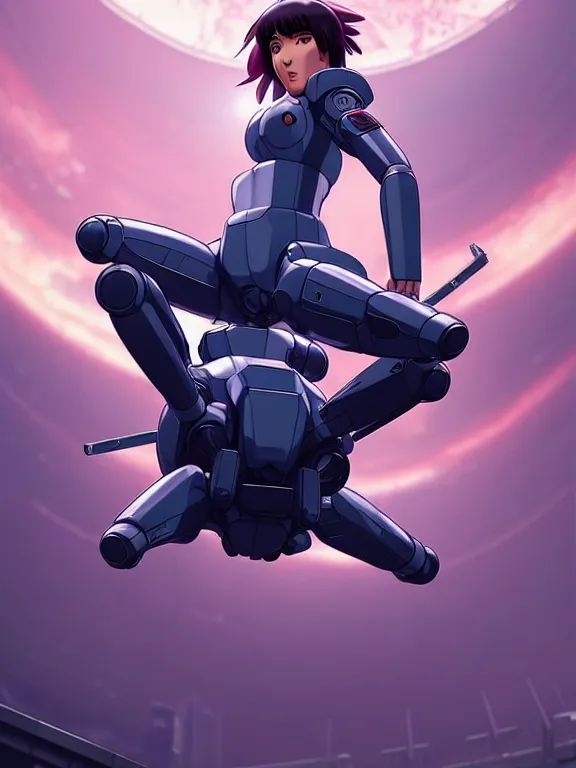 Image similar to a fullbody action still of motoko kusanagi riding on top of a tachikoma, the major ghost in the shell : : stand alone complex, under repairs, maintenance : : by ilya kuvshinov, rossdraws, artgerm, sola digital arts, anti aliasing, raytracing : :