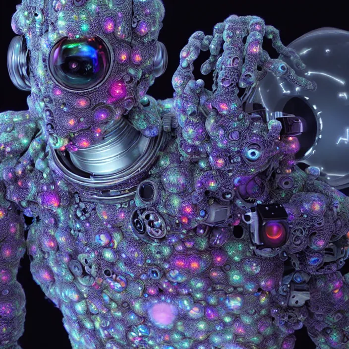 Image similar to a cybernetic symbiosis of a single astronaut mech-organic eva suit made of pearlescent wearing knitted shiny ceramic multi colored yarn thread infected with diamond 3d fractal lace iridescent bubble 3d skin dotted covered with orb stalks of insectoid compound eye camera lenses floats through the living room, film still from the movie directed by Denis Villeneuve with art direction by Salvador Dalí, wide lens,kevlar,carbon fiber,ceramics,gaseous materials,