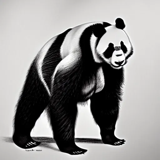 Image similar to muscular buff panda, highly detailed, pencil sketch