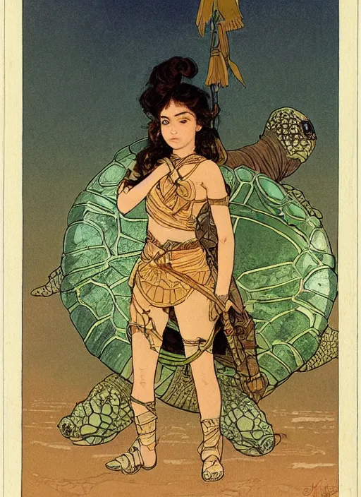 Image similar to a little warrior girl standing on top of a giant turtle in the desert. the girl has dark skin and beautiful green eyes, realistic body and a very beautiful detailed symmetrical face with long black hair. the turtle has a big wise face and closed eyes. diffuse light, dramatic landscape, fantasy illustration by mucha