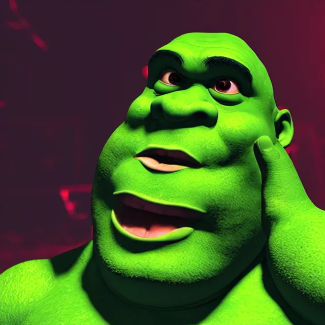 Image similar to ultra shrek performing on his yeezus tour, dark cinematic, volumetric, realistic, 3 d render, cinematic lighting, ray tracing, cinematic, unreal engine 5, unreal engine render, octane render, hyper realistic, photo, 8 k