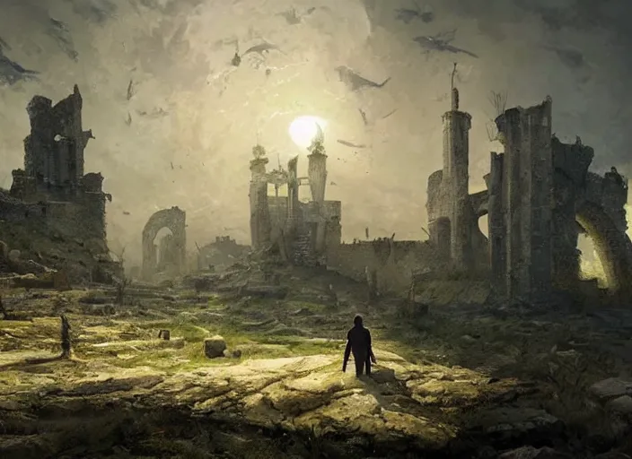 Prompt: a land ruins with a Fort in the middle, golden towers, water tunnels below and a time gate to another dimension a man standing watching over ,clear sky, winged wolves, digital art,detailed,art by greg rutkowski