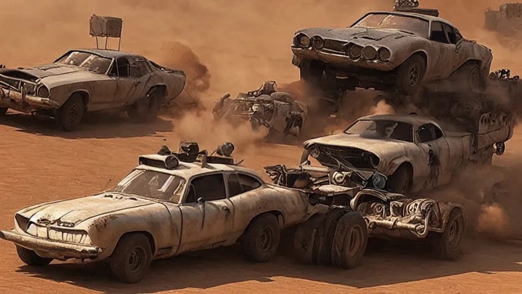 Image similar to mad max cars in a pixar movie