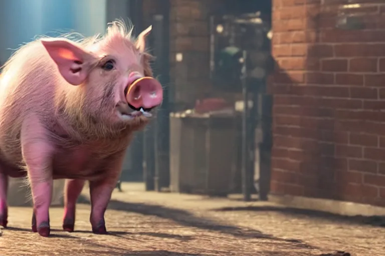 Prompt: full body live action pig wearing spandex spider-man costume, ultra realistic, 4K, movie still, UHD, sharp, cinematic