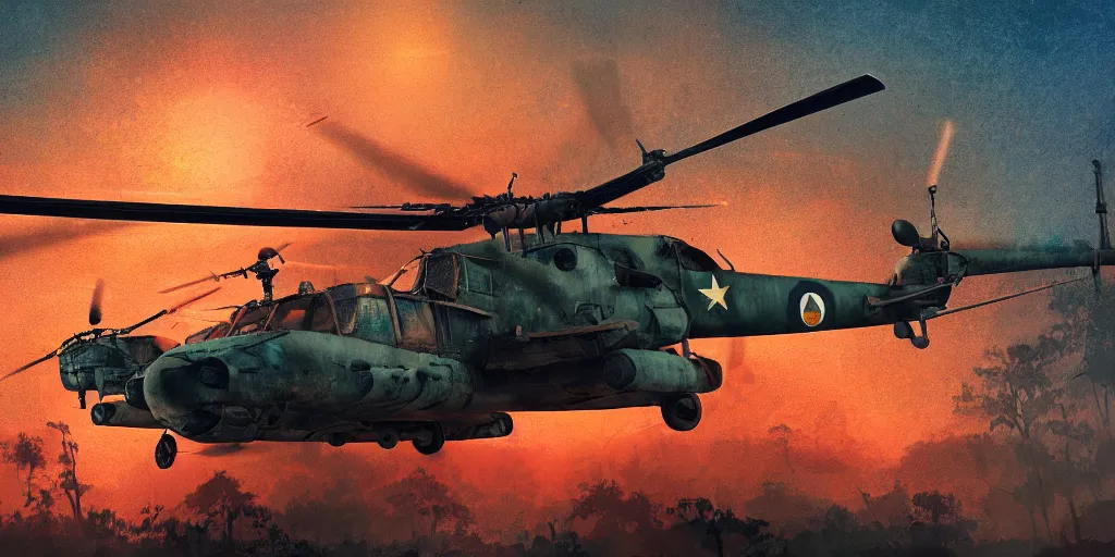 Prompt: Painting of vietnam Huey Helicopters, above a forest, orange sun set, abstract, realism, 8k, detailed, octane render, glow, war