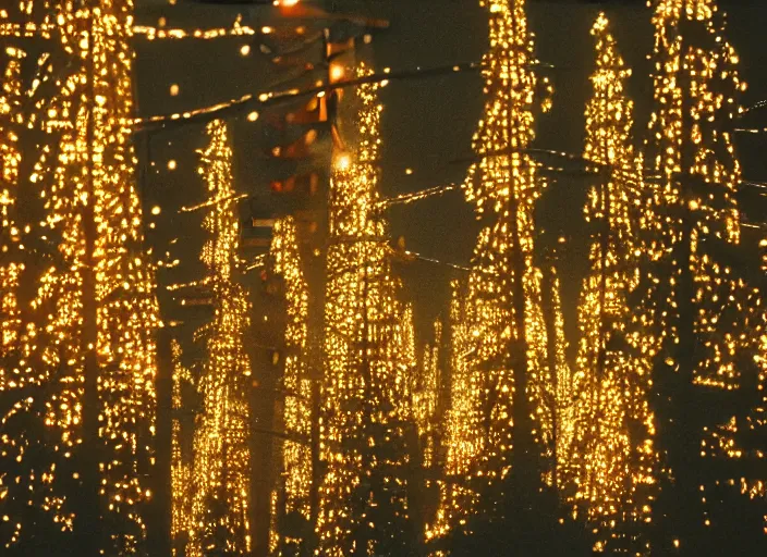 Prompt: a 2 8 mm macro kodachrome photo of ornate mechanical metallic trees with glowing lights and twisted electric wires in yosemite national park in the 1 9 5 0's, seen from a distance, bokeh, canon 5 0 mm, cinematic lighting, film, photography, golden hour, depth of field, award - winning, cyberpunk, neon