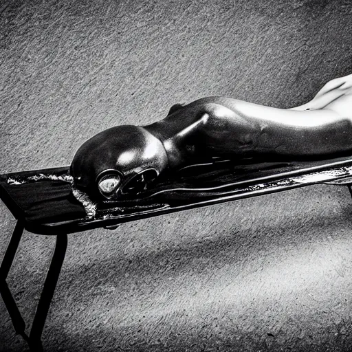 Prompt: black and white alien body autopsy on a metal table, highly detailed, sharp focus, low lights, ultra realistic
