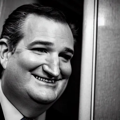 Image similar to Ted Cruz with a wide grin peaking through a door in the distance, black and white, creepy lighting, scary, horror, ornate, eerie, fear