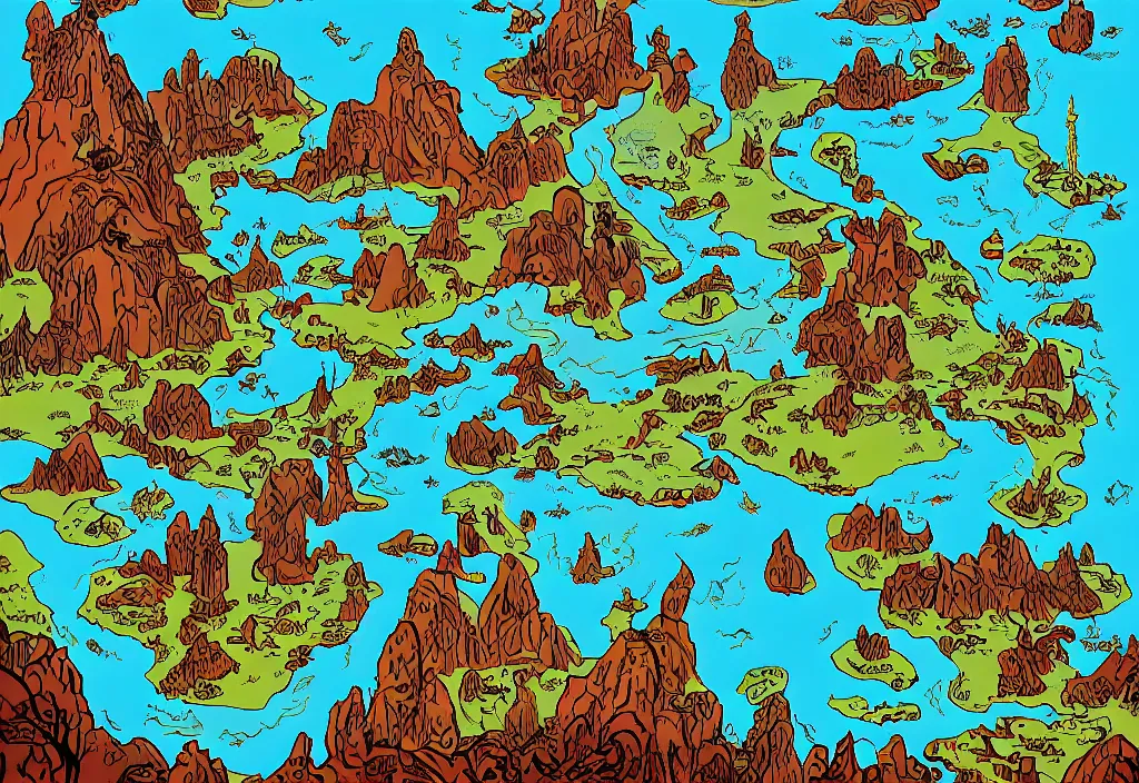 Image similar to fantasy world map, full colour, modern graphic design, video game, gouache, animated film, stylised, illustration, by eyvind earle, scott wills, genndy tartakovski,