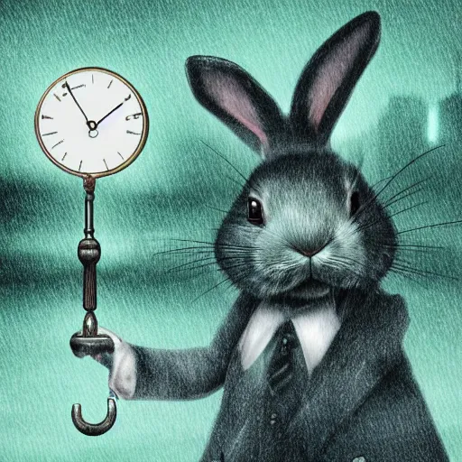 Prompt: portrait of a time traveling rabbit holding a pocket watch and an umbrella, rainy night, city lights, streetlights, digital art, sharp, focused photo