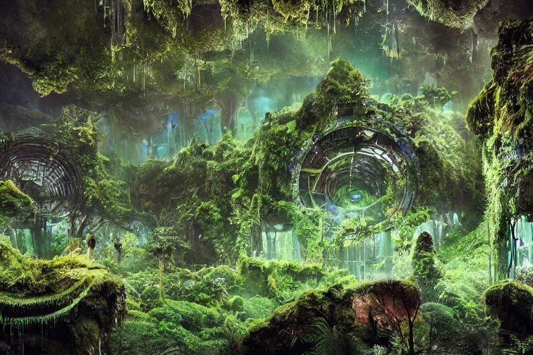 Image similar to high - tech atlantean scifi ruins in the jungle covered in moss, hologram projections, forest spirits dancing, fantasy concept art