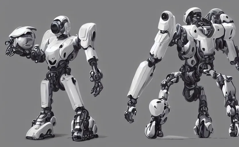 Image similar to White mech bot, robot concept art, front and side view, digital art, artstation, Mandy Jurgens, WLOP, CGSociety