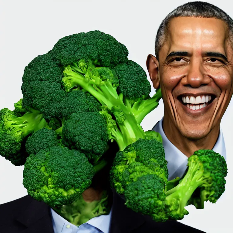 Prompt: ( barack obama plays a head of broccoli with green skin ) hyperrealistic medium shot studio portrait of barack obama smiling and looking like broccoli with green skin, hyperrealistic sculpture by ron mueck, photographed by annie liebovitz trending on artstation 8 k shocking detail hard shadows