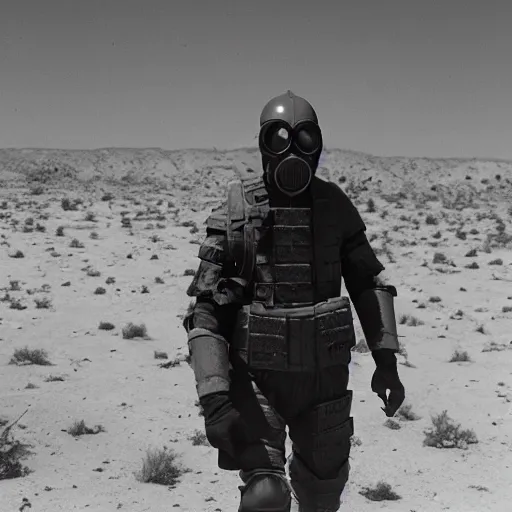 Prompt: a heavily armored man wearing a gasmask walking through a desert, coral in background, film still, arriflex 3 5