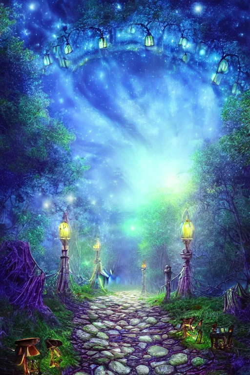 Image similar to a beautiful digital glossy clear sharp of a detailed gothic fantasy fireflies forest trees roots mushrooms fireflies moonlight and iron gate cobblestone pathway vines colorful sky by james gurney, 8 k resolution trending on artstation concept art digital illustration