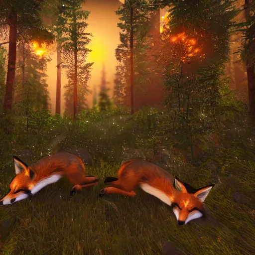 Image similar to second life in game screenshot of black foxes cuddling next to each other in a beautiful fantasy forest lit with fireflies, 3 d render, octane engine, unreal engine 4, 4 k screenshot