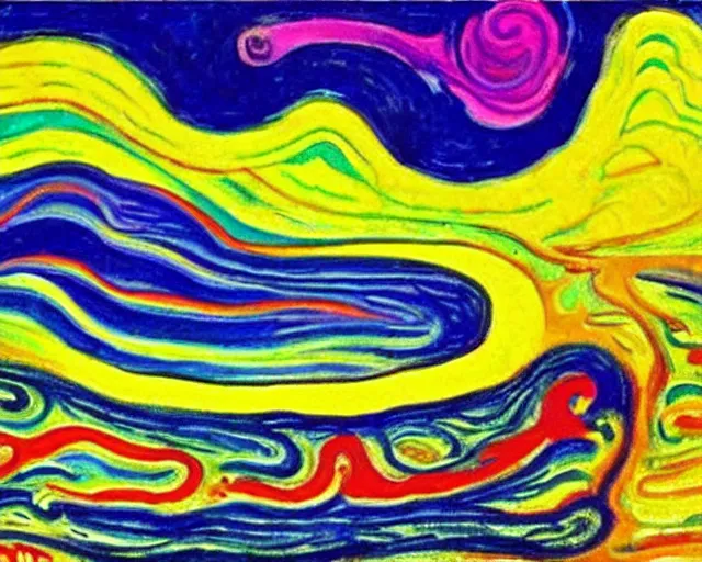 Prompt: Ocean waves in a psychedelic dream world. DMT. Curving rivers. Landscape painting by Edvard Munch. Peter Max.