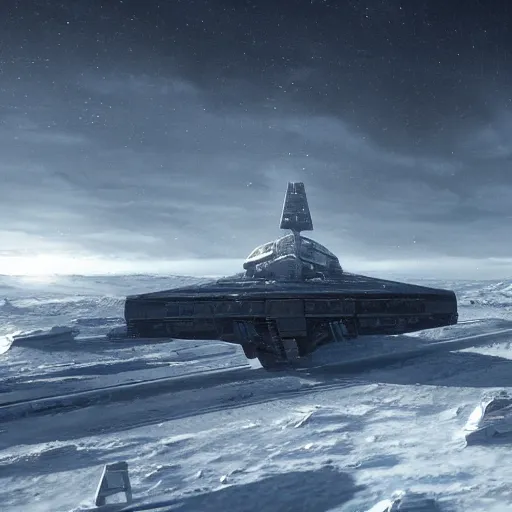 Image similar to a star destroyer looming over Hoth, artstation