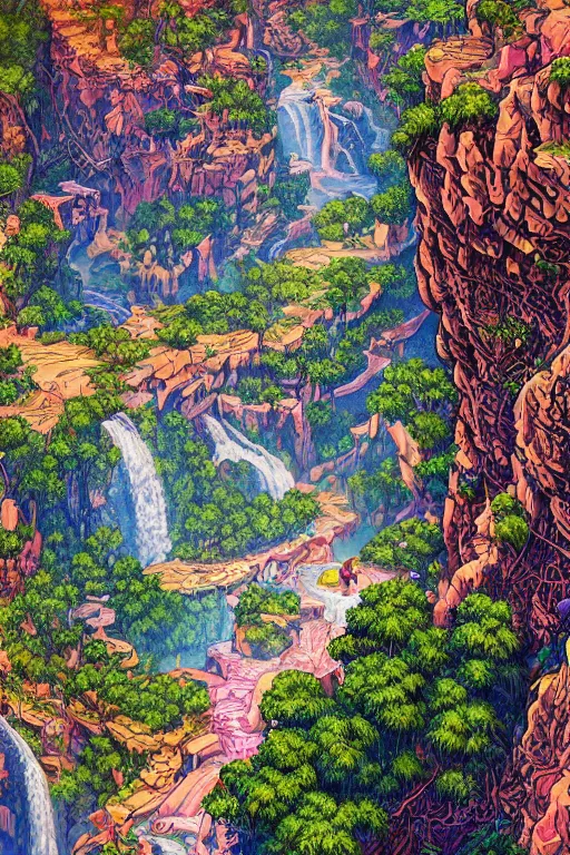 Image similar to landscape of waterfall in grand canyon neon colors, bird eye view, hyperdetailed illustration by kim jung gi, irakli nadar, intricate linework, bright colors, octopath traveler, final fantasy, unreal engine 5 highly rendered, global illumination, radiant light, detailed and intricate environment