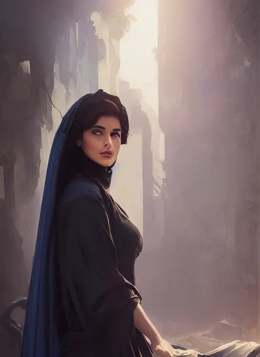 Image similar to a Photorealistic dramatic hyperrealistic render of an arab ameera al taweel, blue eyes, black hair, white veil,by WLOP,Artgerm,Greg Rutkowski,Alphonse Mucha, Beautiful dynamic dramatic dark moody lighting,shadows,cinematic atmosphere,Artstation,concept design art,Octane render,8K